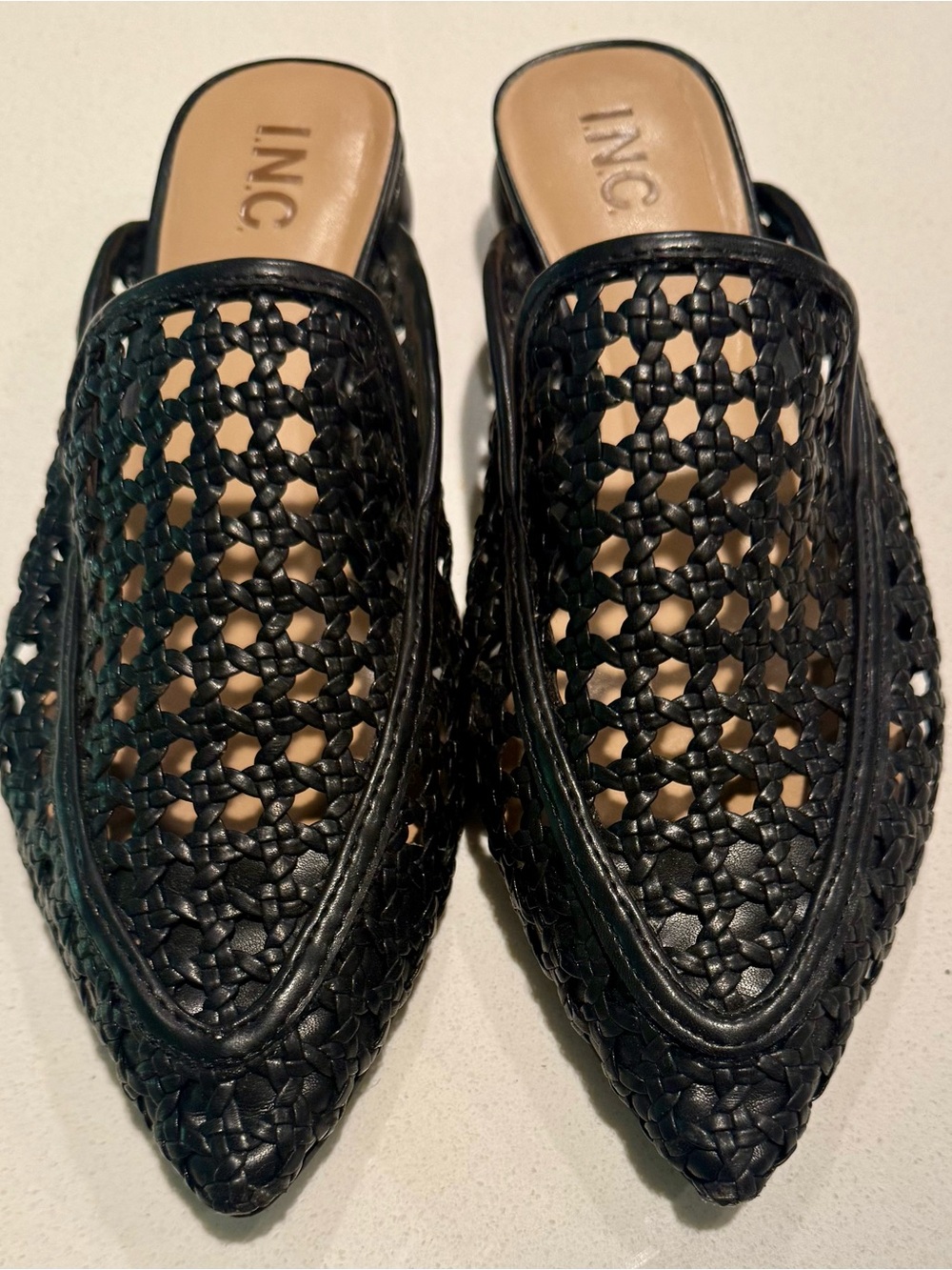 INC International Concepts Black Woven Leather Slip-On Mules